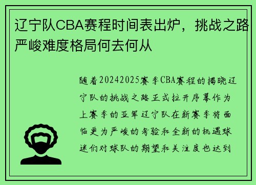 辽宁队CBA赛程时间表出炉，挑战之路严峻难度格局何去何从